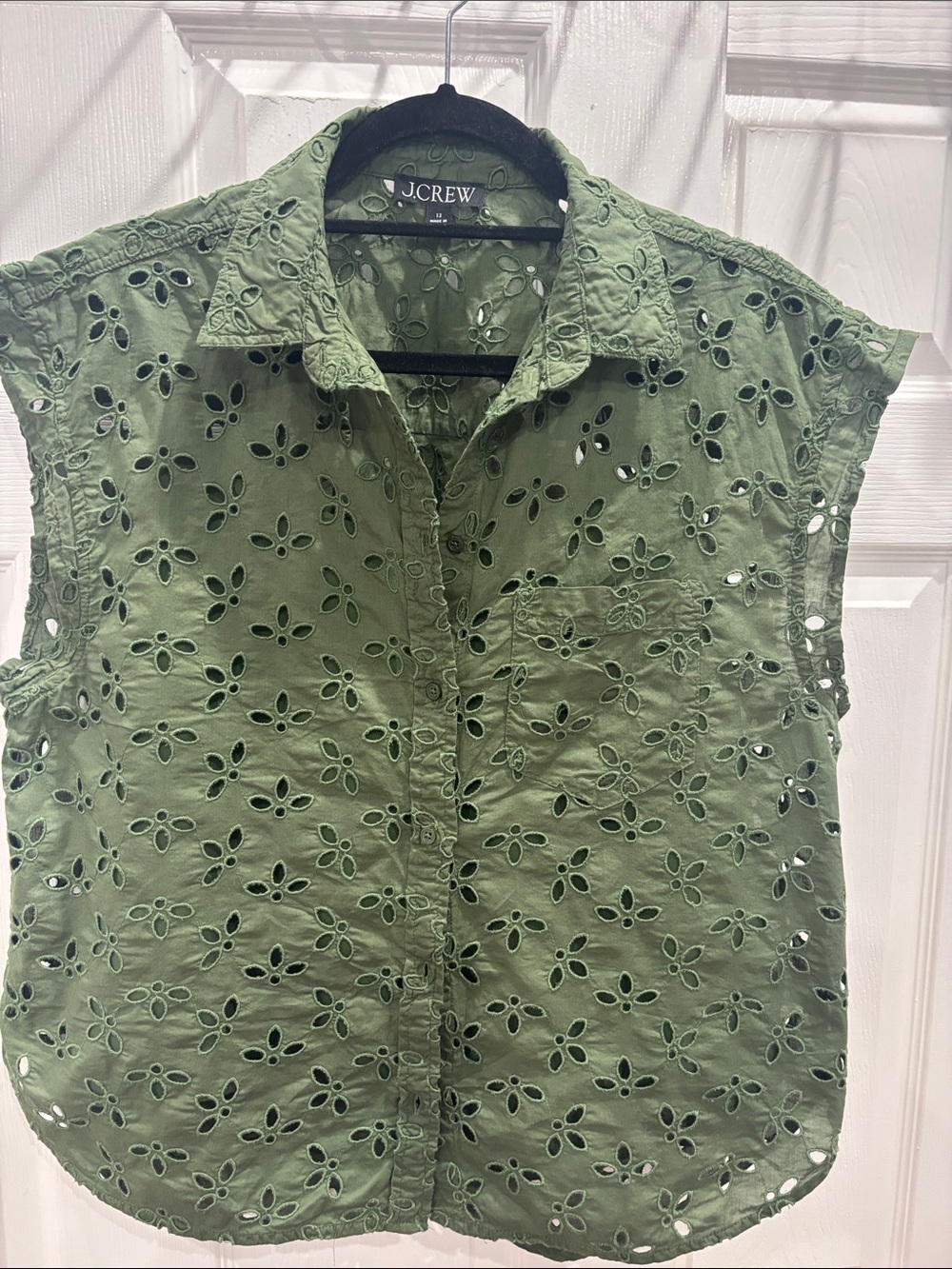 J. Crew Olive Green Eyelet Sleeveless Button-Up Blouse